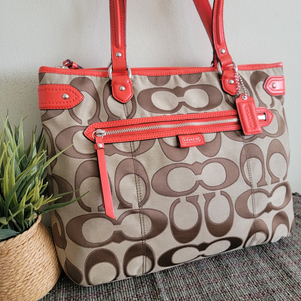 Coach Brown and Red Signature Tote Bag - Picture 3 of 8